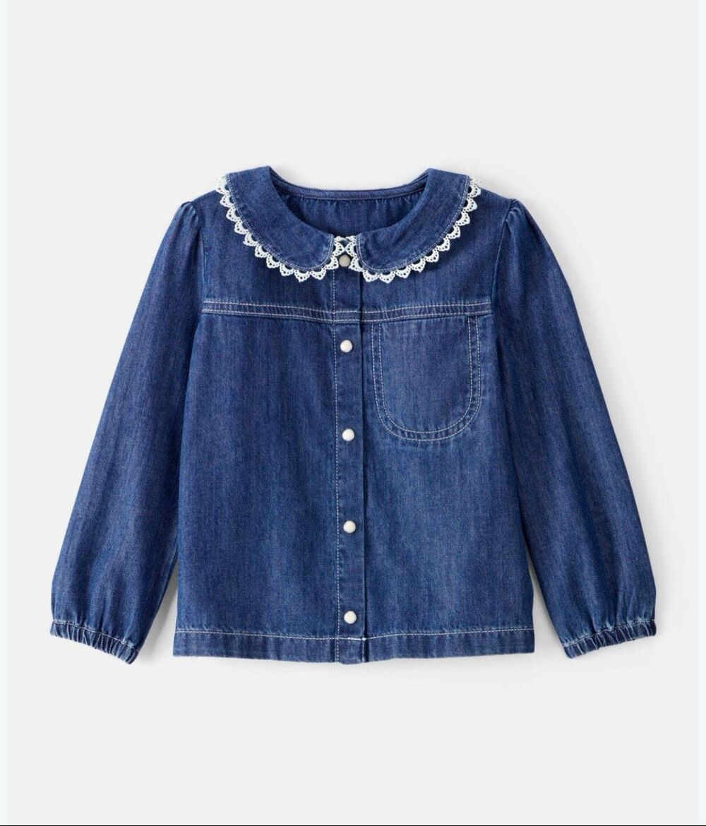 NWOT OshKosh B'gosh Toddler Girl Blue Chambray Denim Lace Collar Shirt Sz 2T